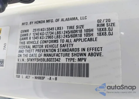 2020 Honda Pilot 2Wd Ex-L z USA, uszkodzony, nr VIN 5FNYF5H59LB022342